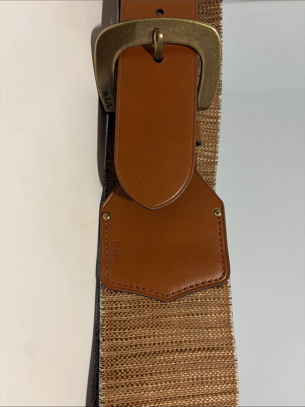 Ralph Lauren Women’s Tan & Brown Leather-Trim Woven Belt. Size small